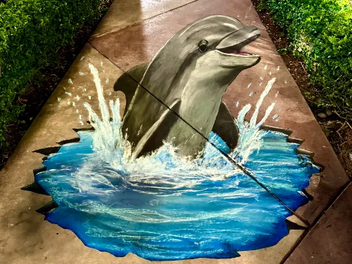 3D chalk art of dolphin jumping out of water hole in the ground.