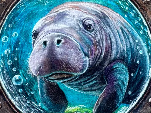 Chalk art of a manatee through a porthole.