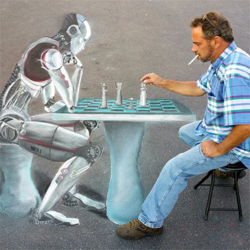 Posing playing chess with a robot 3D chalk art.