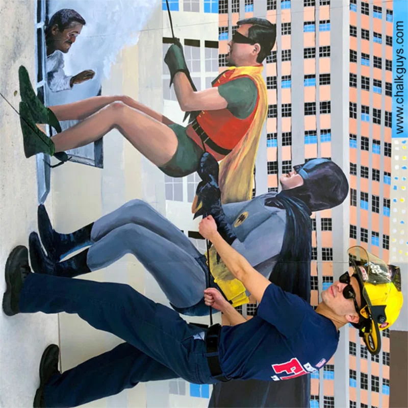 Batman & Robin 3D chalk art mural.