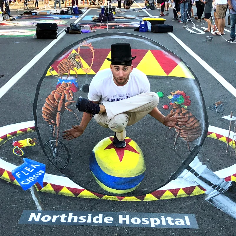 Posing with Flea circus 3D chalk art.