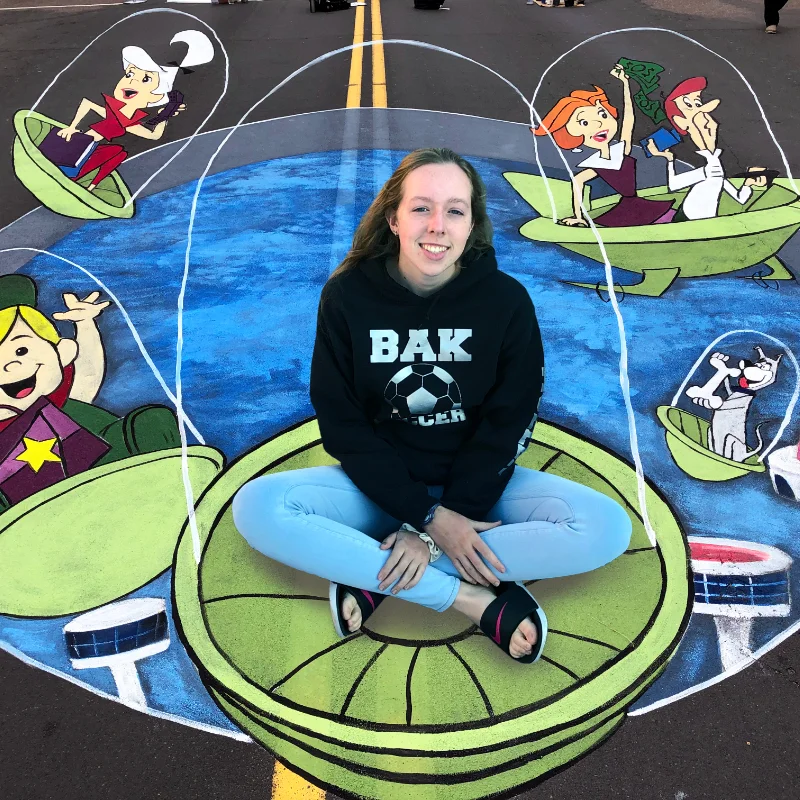 Posing with Jetsons 3D chalk art.