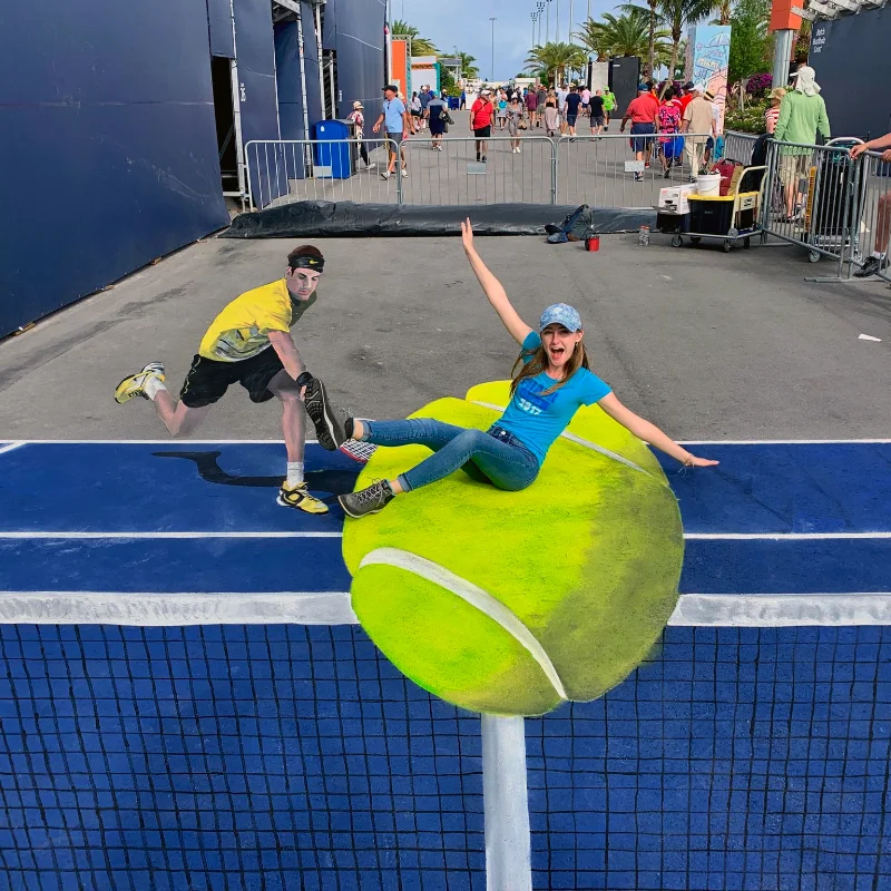 Posing with Miami Open tennis 3D chalk art.