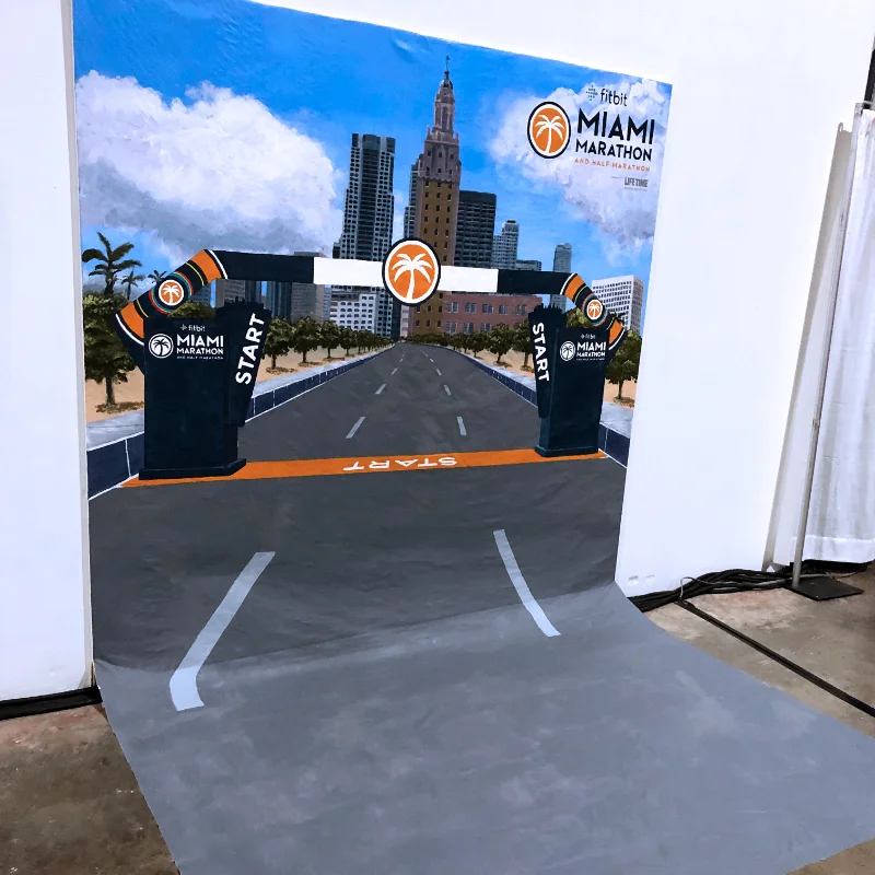 Miami Marathon starting line 3D chalk art wall-to-floor mural.