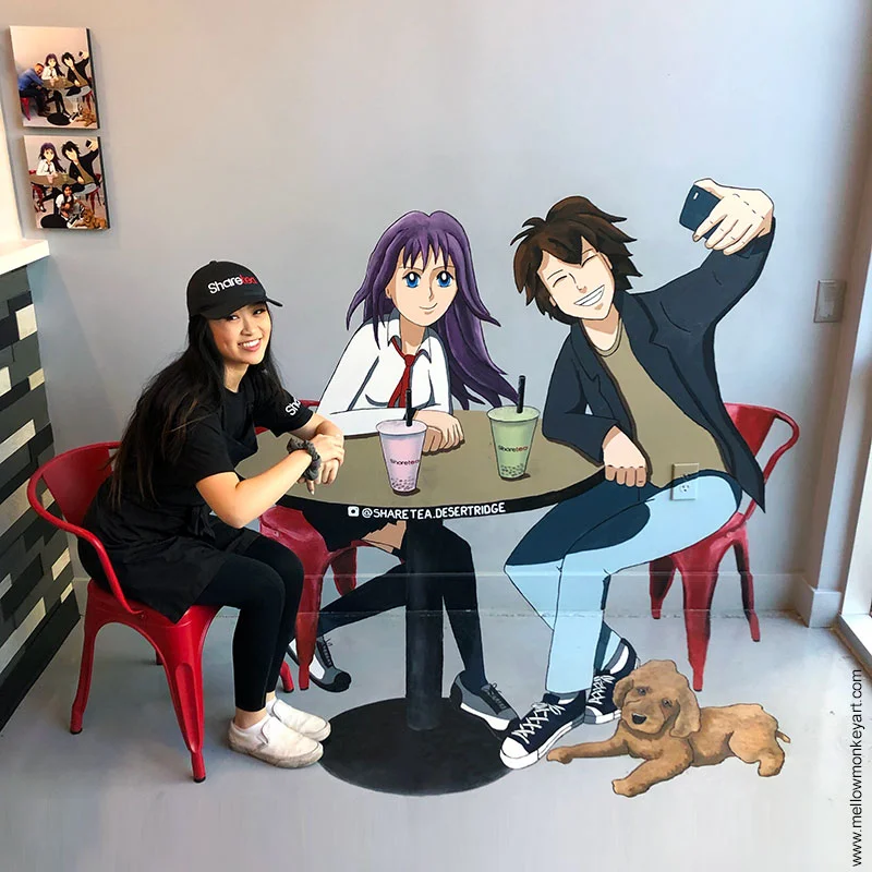 Sharetea Desert Ridge bubble tea wall-to-floor 3D chalk art mural.