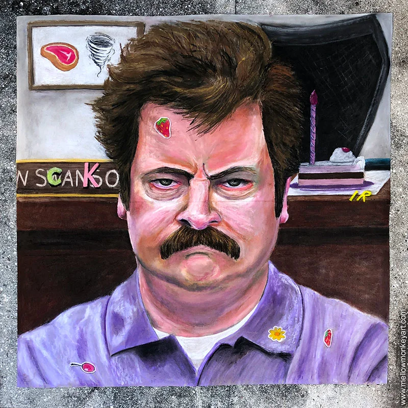 Parks and Recreation Ron Swanson chalk drawing.