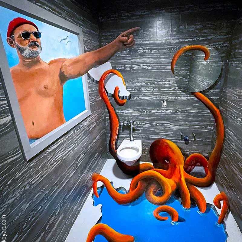 Bill Murray Steve Zissou with octopus wall and 3D chalk art floor mural.
