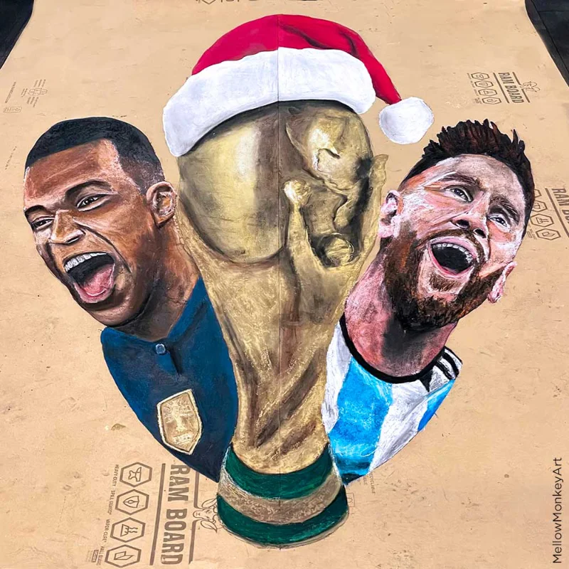 3D chalk art of 2022 World Cup Final - Leo Messi and Kylian Mbappe