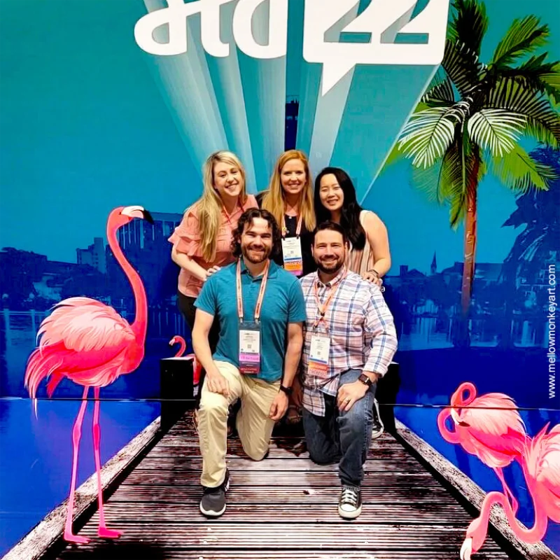Posing with 3D chalk art dock and flamingos convention center photo backdrop