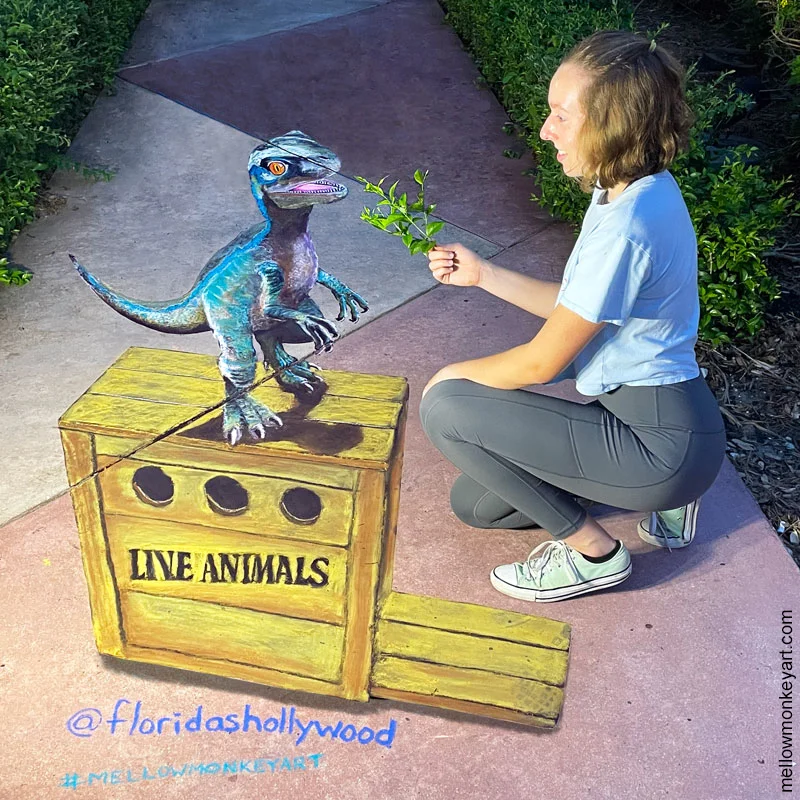3D chalk art of Jurassic Park Beta baby velociraptor dinosaur.